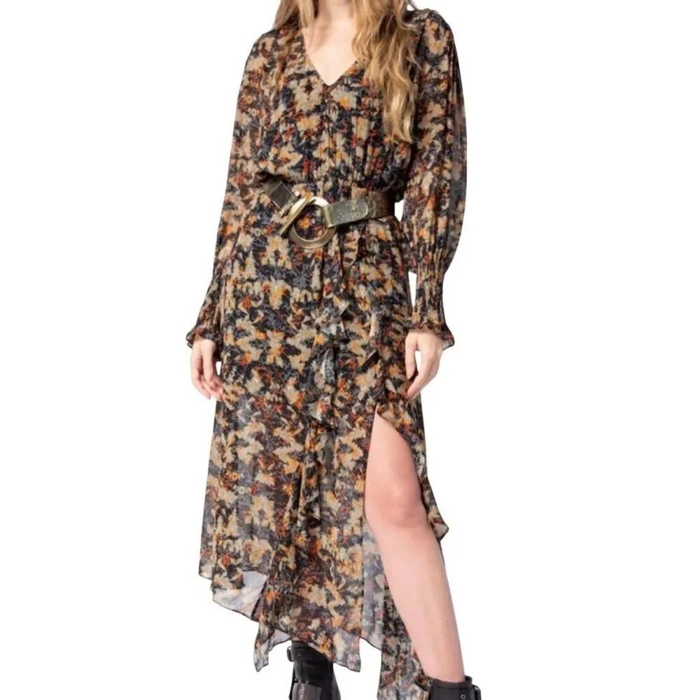 IRO Paris Dress Women's XS Khaki Black Jorma Midi Boho Vintage Long Sleeve
